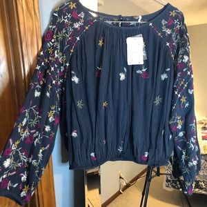 Free People embroidered Navy top